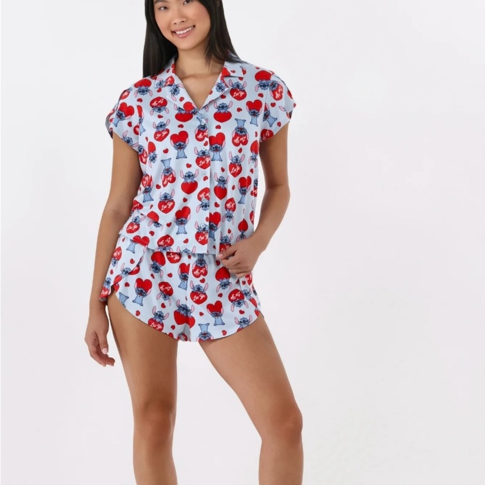Heart Print Women's Pajama Set - Blue and Red